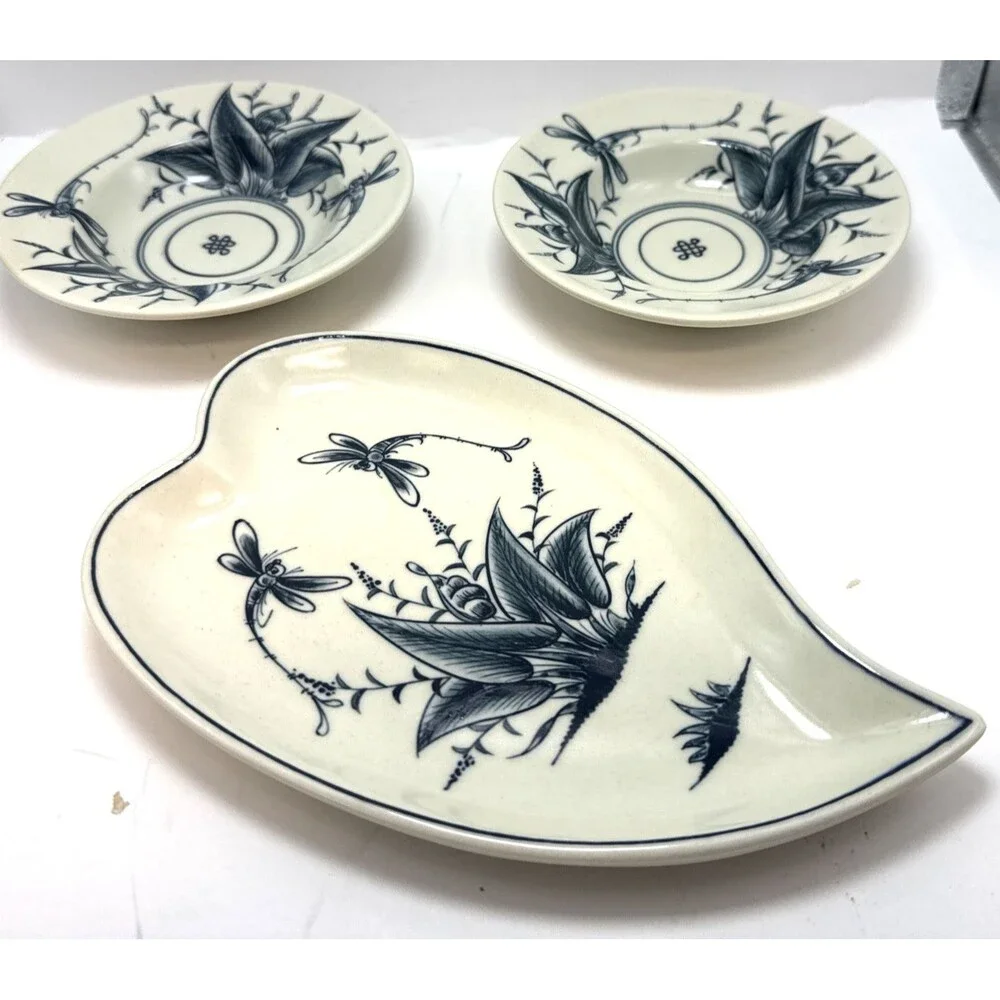 Bat Trang Vietnamese Hand Painted Pottery 2 Bowl heart trinket dish Dragonflies